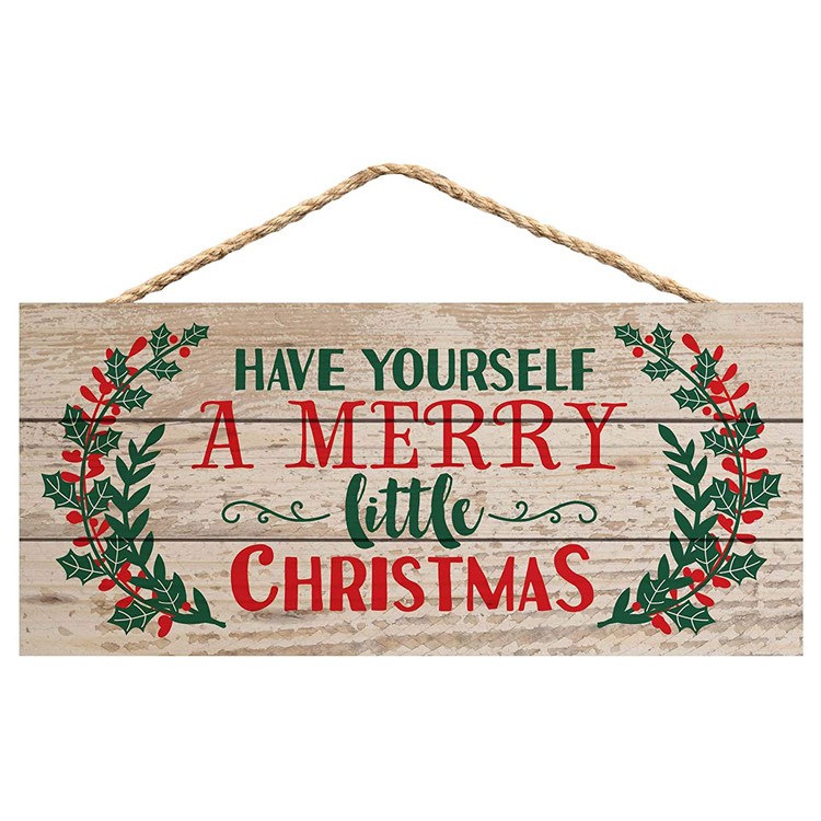 Merry christmas hanging decor solid wooden board wall sign with rope