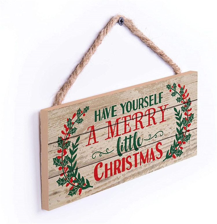 Merry christmas hanging decor solid wooden board wall sign with rope