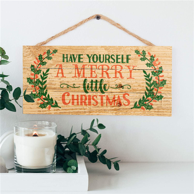 Merry christmas hanging decor solid wooden board wall sign with rope