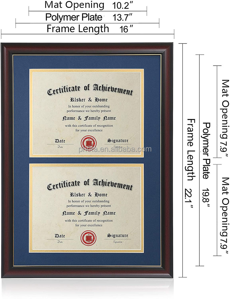 Double Certificate Frame-Cherry Wood Color Golden Rim- 2.0mm Panels-Made for Document