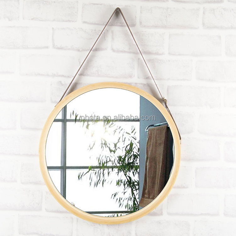 Round Hanging Mirror 16 Inch Circle Wall Mirror with Leather Strap