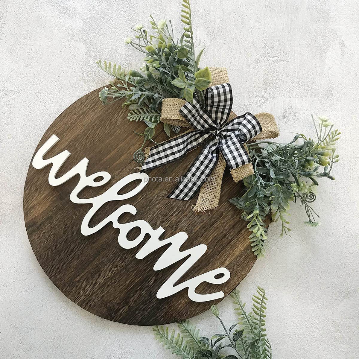 Welcome Sign for Front Door, Farmhouse Porch Decor Wooden Hanging Round Sign 12" Black-Floral