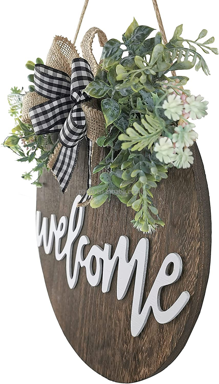 Welcome Sign for Front Door, Farmhouse Porch Decor Wooden Hanging Round Sign 12" Black-Floral