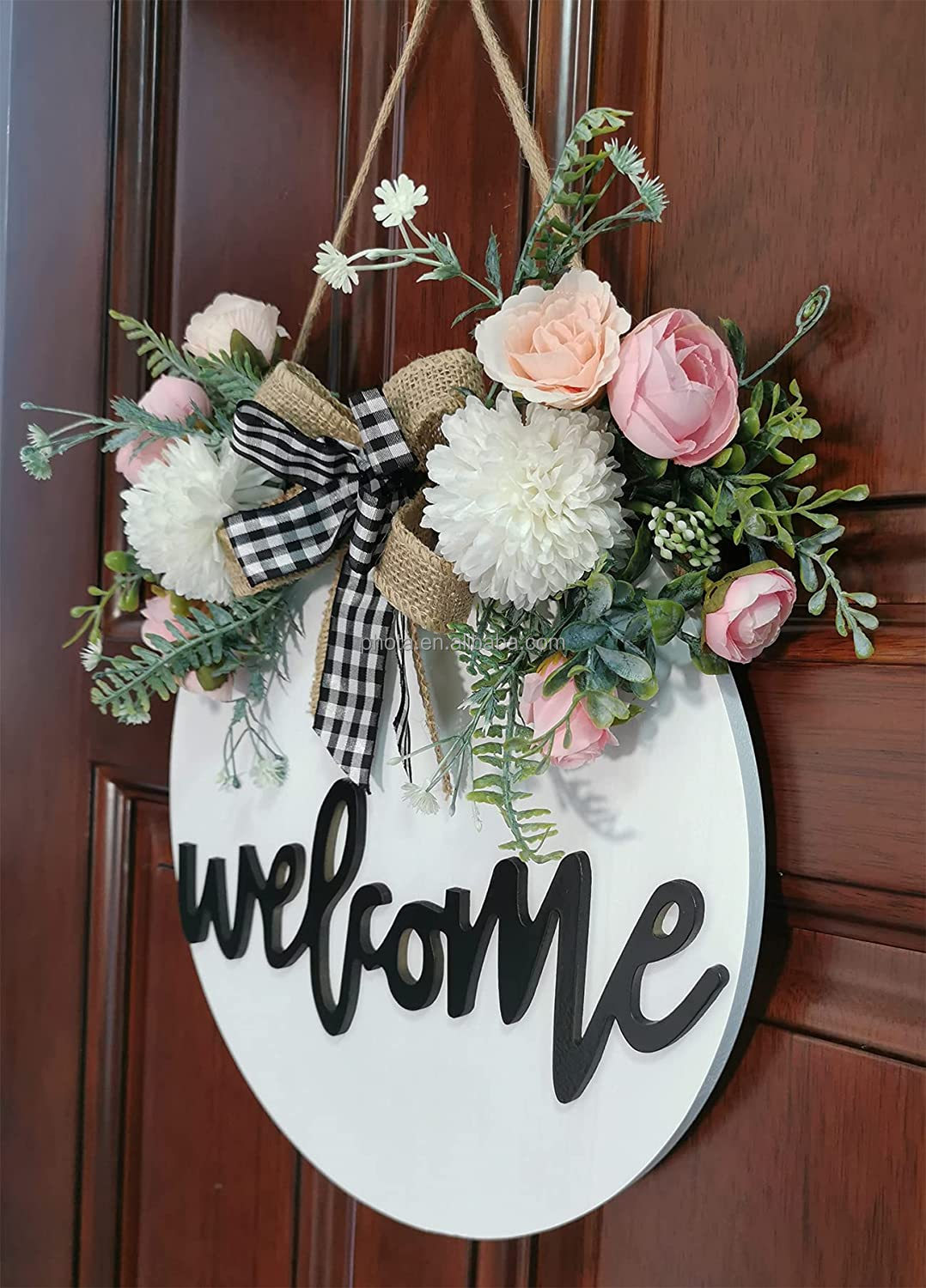 Welcome Sign for Front Door, Farmhouse Porch Decor Wooden Hanging Round Sign 12" Black-Floral