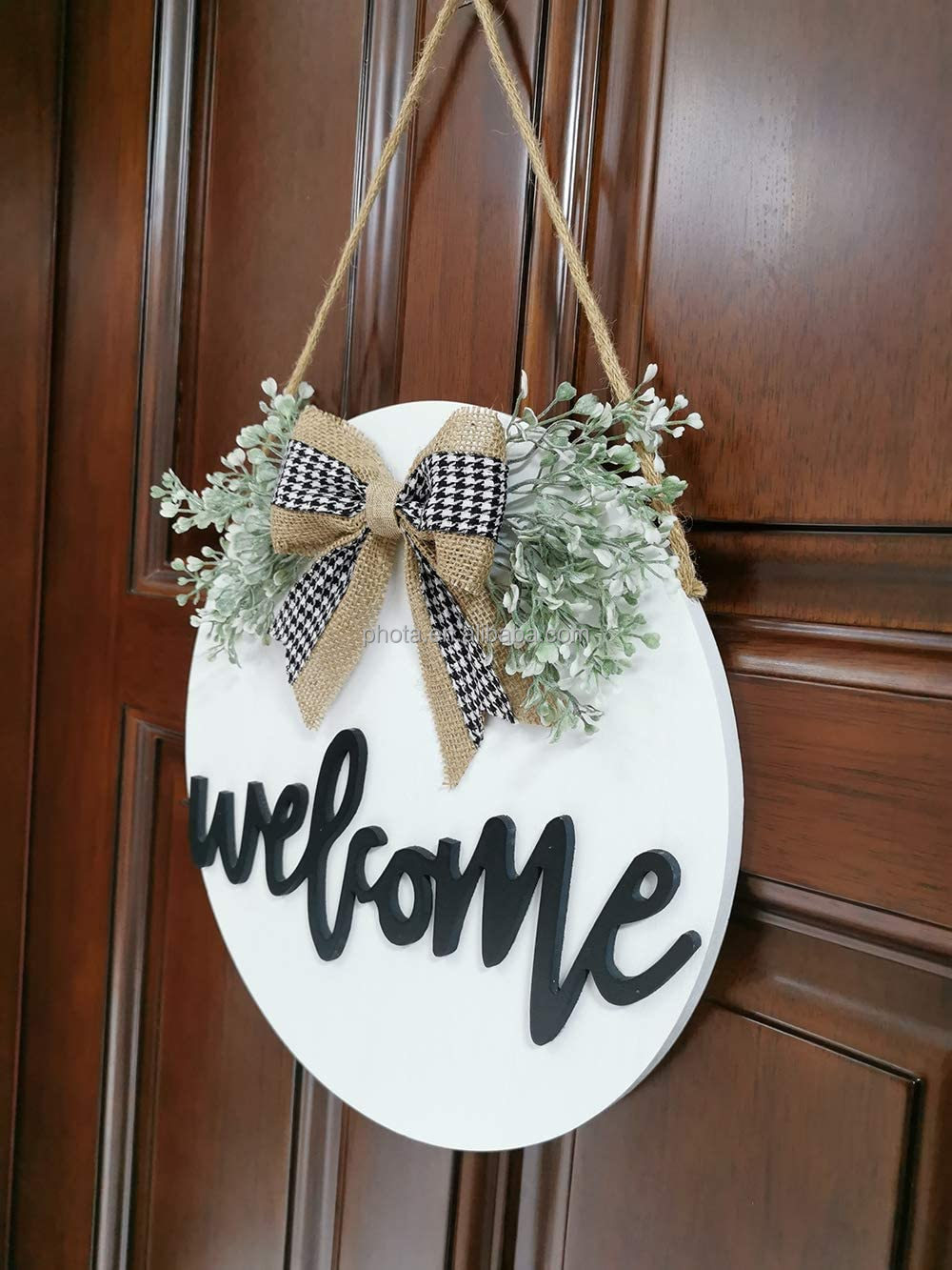 Welcome Sign for Front Door, Farmhouse Porch Decor Wooden Hanging Round Sign 12" Black-Floral