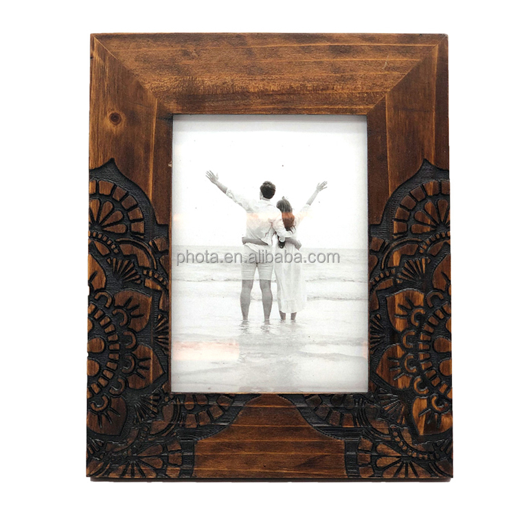 Hand Carved Floral 5x7 Picture Frame Rustic Boho Style Wood Rustic Handmade Photo Frames
