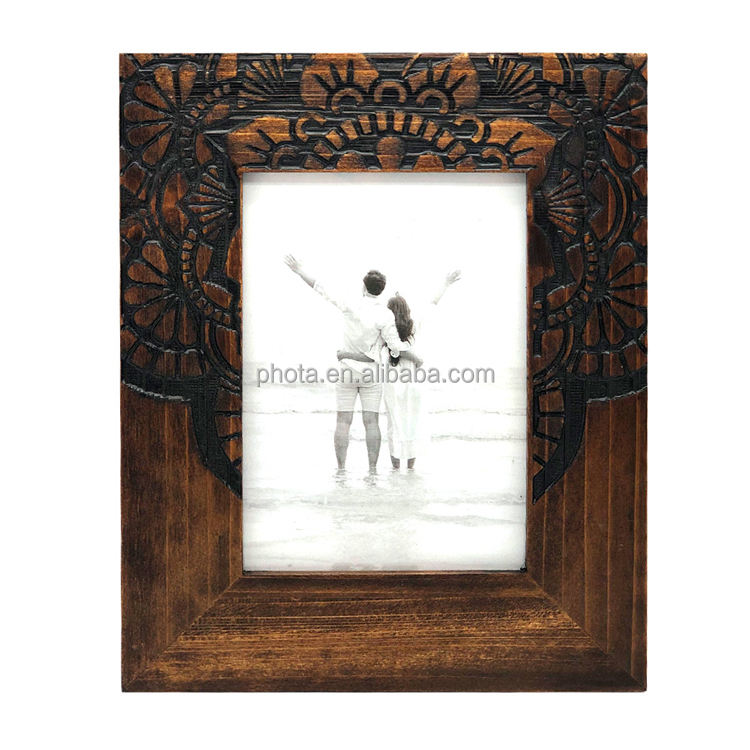 Hand Carved Floral 5x7 Picture Frame Rustic Boho Style Wood Rustic Handmade Photo Frames