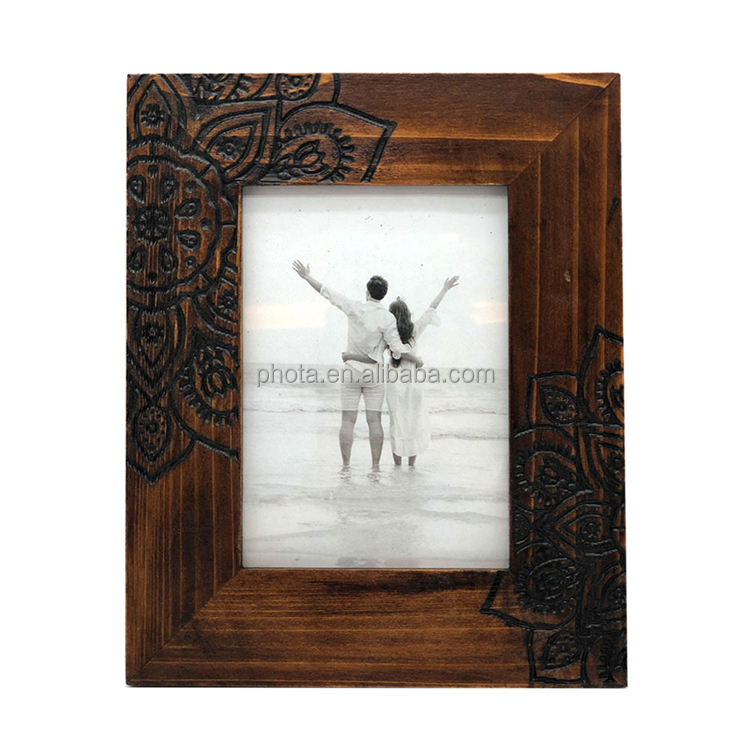 Hand Carved Floral 5x7 Picture Frame Rustic Boho Style Wood Rustic Handmade Photo Frames