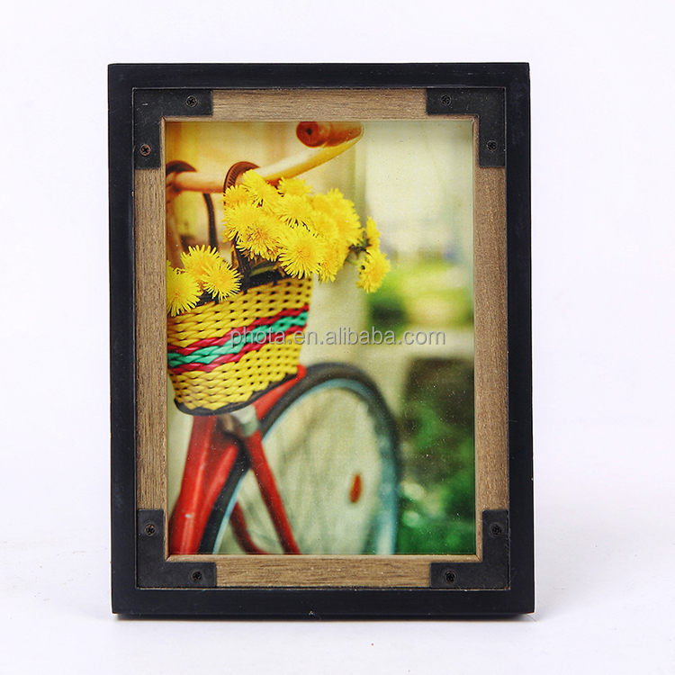 Classic Rustic Handmade Black Wooden Picture Photo Frame With Decorative Metal Corners