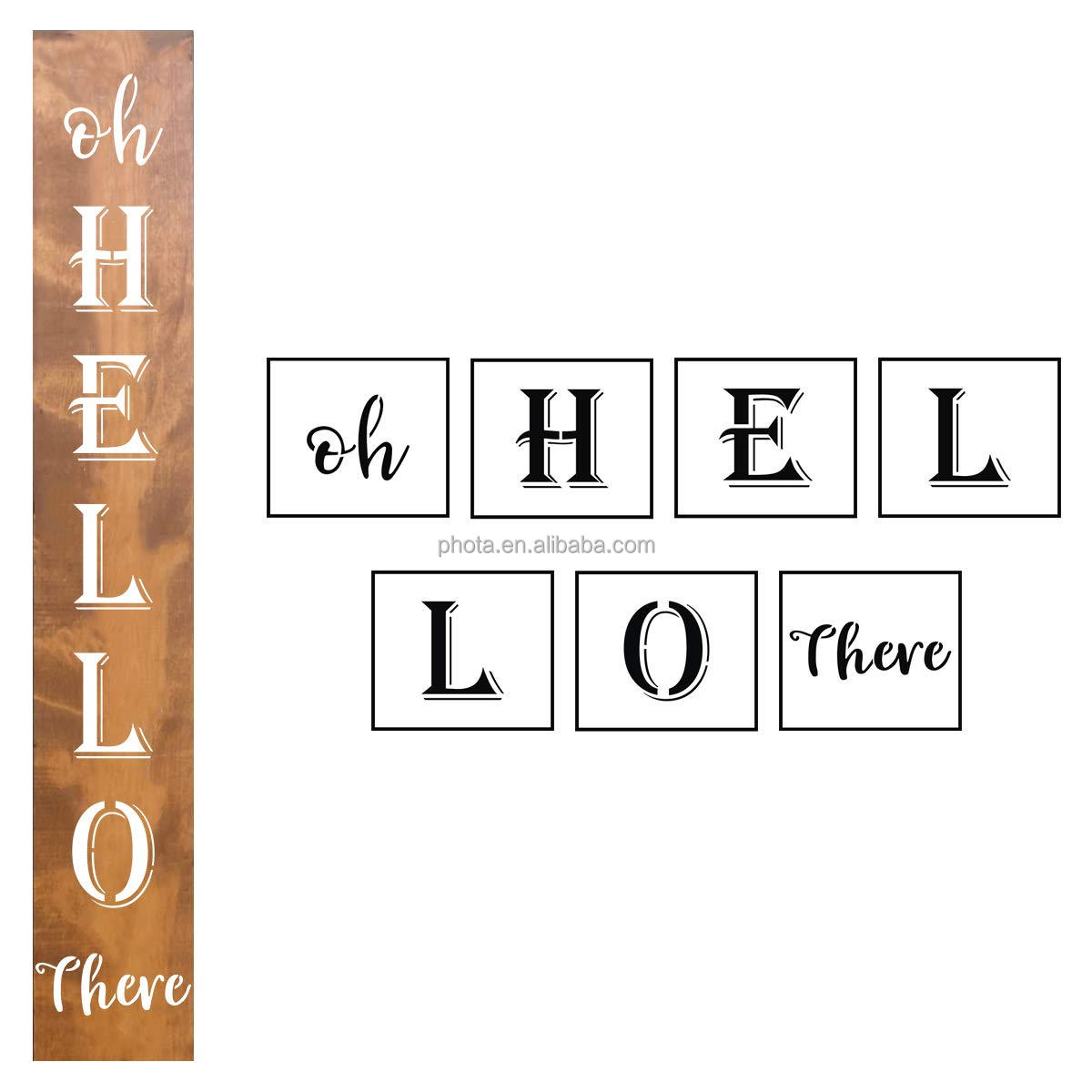 Oh Hello There Sign Stencils Templates for Painting on Wood, Reusable Letter Stencils for Front Door Porch Wood Signs