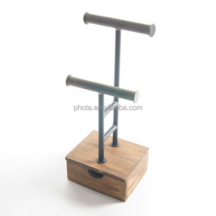 2-Tier Urban Rustic Metal Industrial Pipe & Brown Wood T-Bar Necklace Jewelry Stand
