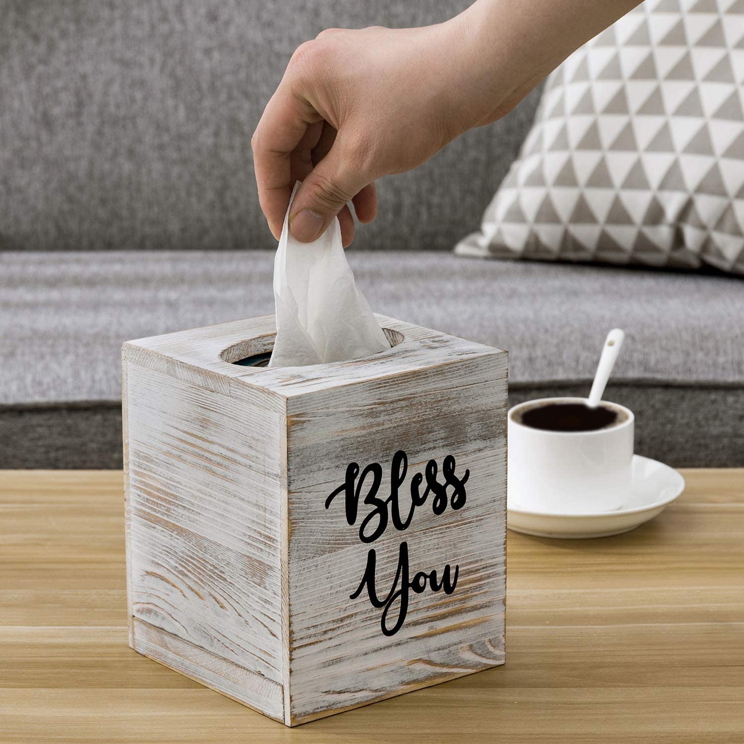 Bless You Shabby Whitewashed Wood Square Tissue Box Holder Cover