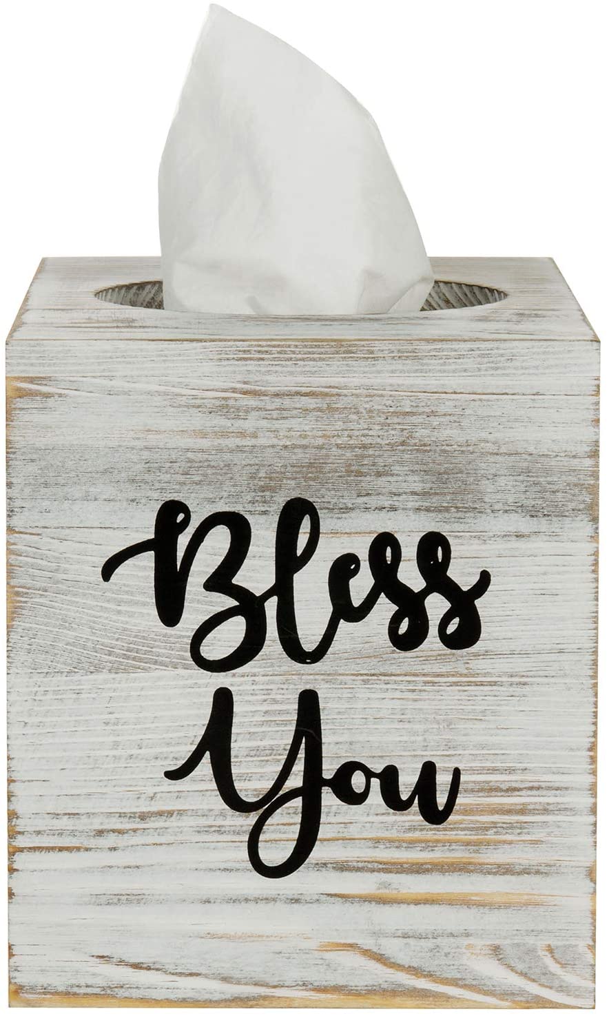 Bless You Shabby Whitewashed Wood Square Tissue Box Holder Cover
