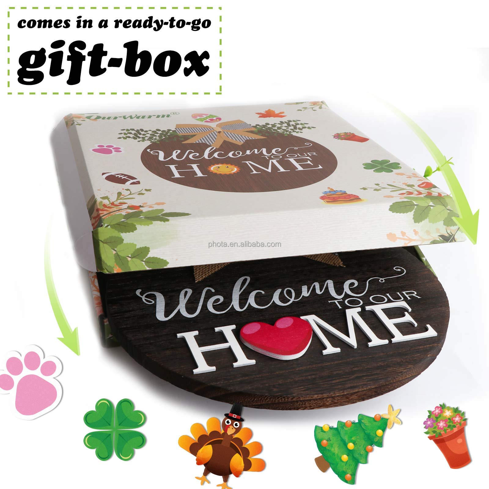 Interchangeable Seasonal Welcome Sign Front Door Decor  Rustic Round Wreath with Buffalo Plaid Bow