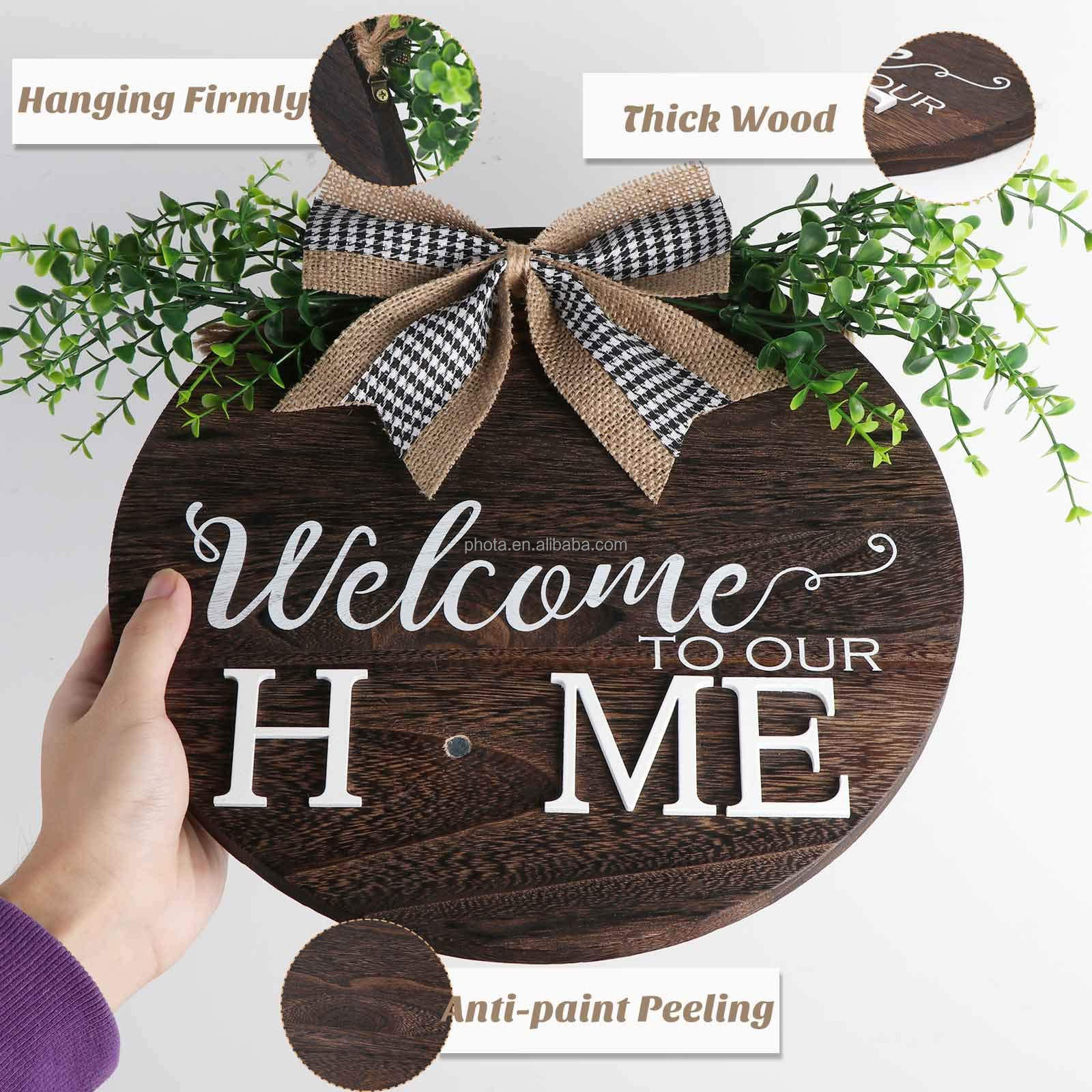 Interchangeable Seasonal Welcome Sign Front Door Decor  Rustic Round Wreath with Buffalo Plaid Bow