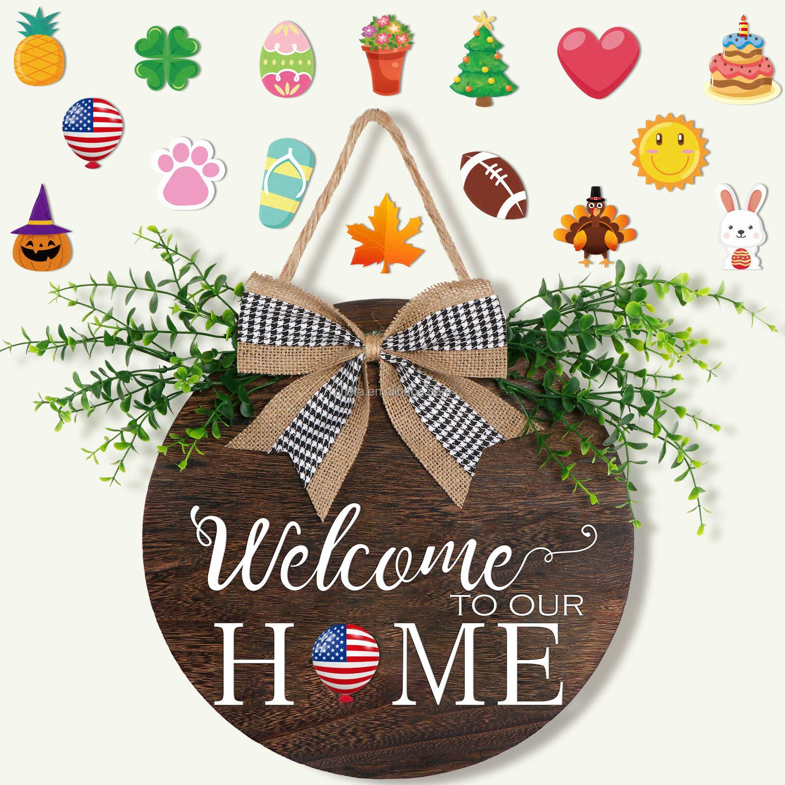 Interchangeable Seasonal Welcome Sign Front Door Decor  Rustic Round Wreath with Buffalo Plaid Bow