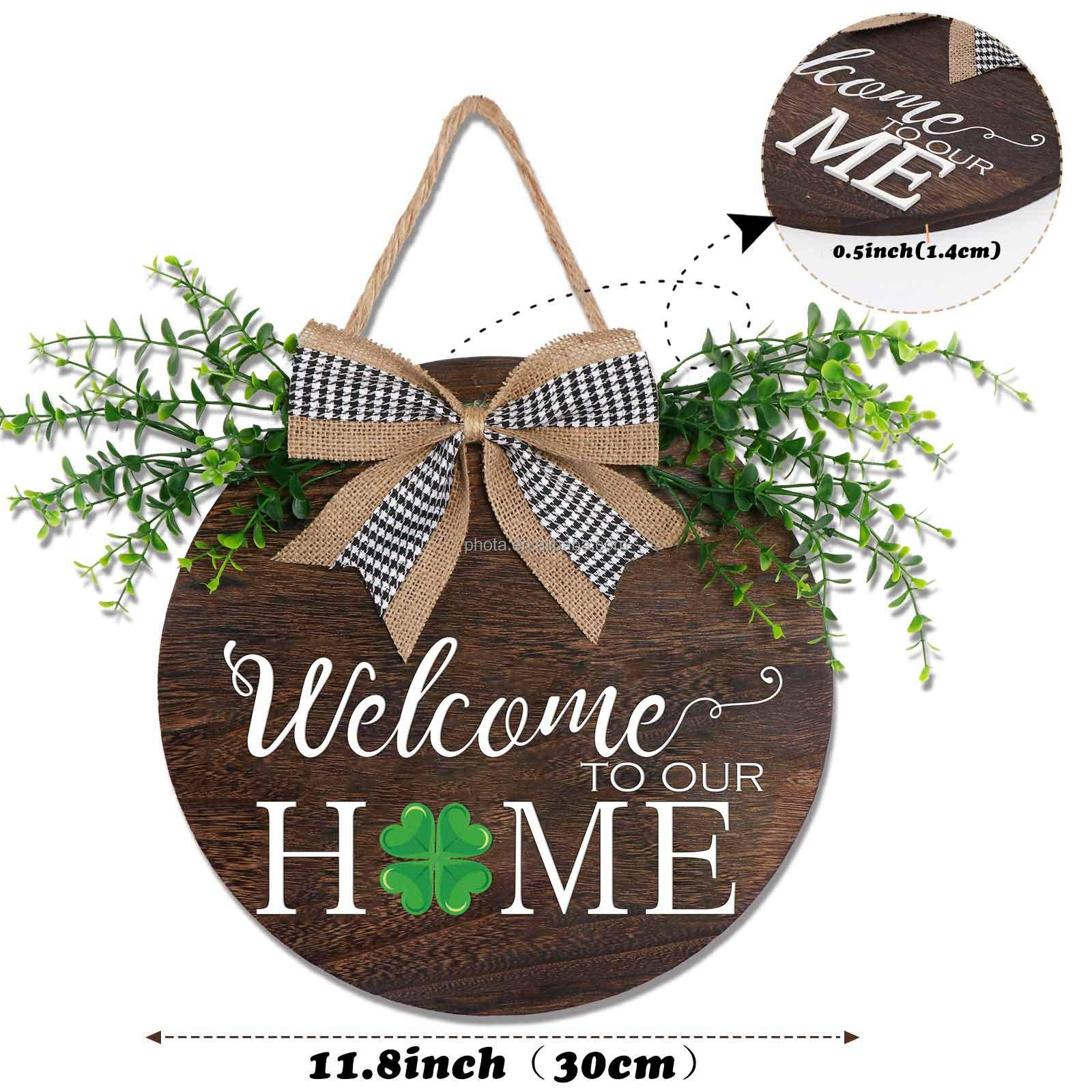 Interchangeable Seasonal Welcome Sign Front Door Decor Rustic Round Wreath with Buffalo Plaid Bow