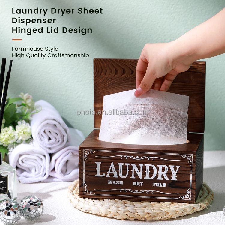 Laundry Dryer Sheet Dispenser with Hinged Lid Wooden Dryer Sheet Holder Box