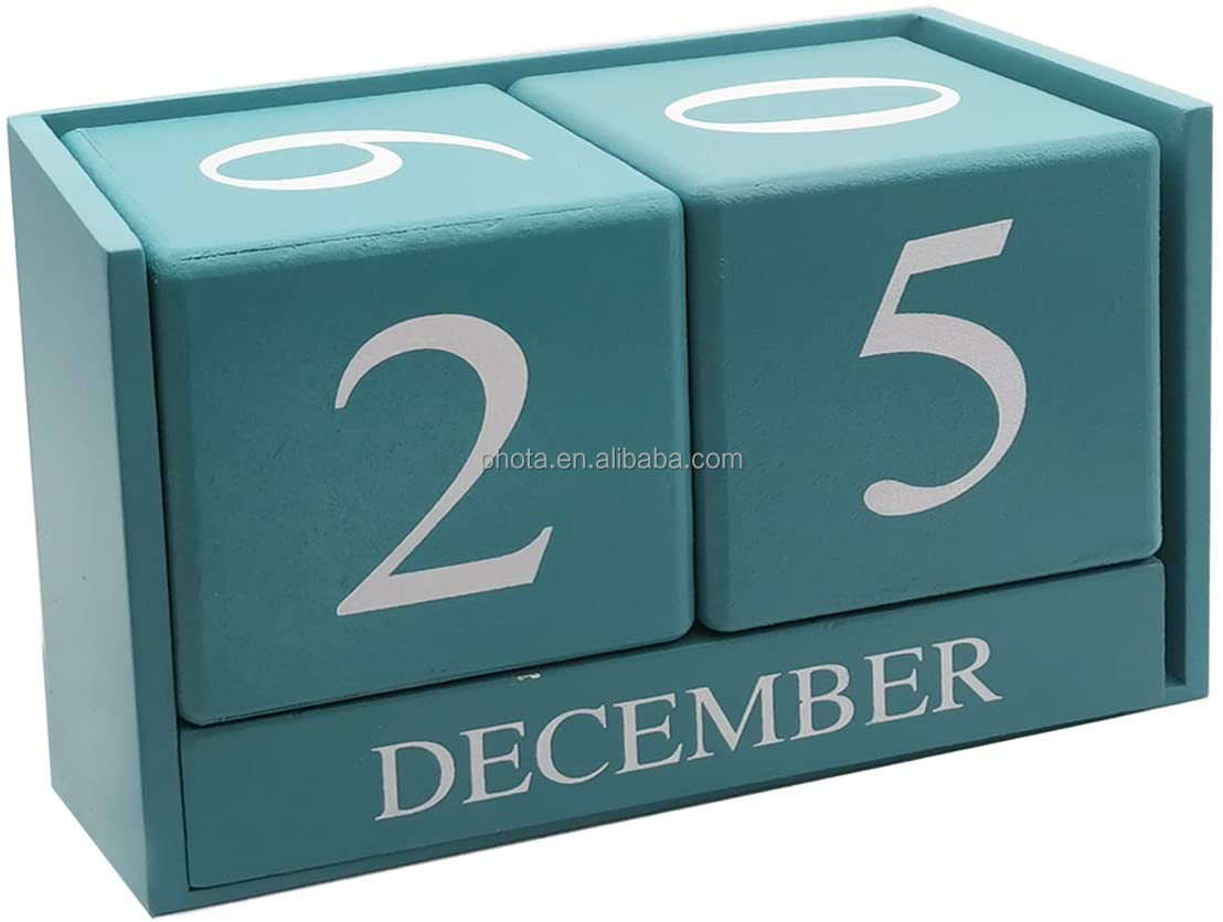 Wooden Desk Blocks Calendar - Perpetual Block Month Date Display Home Office Decoration 6.1 x 3.9 x 2.9 inches