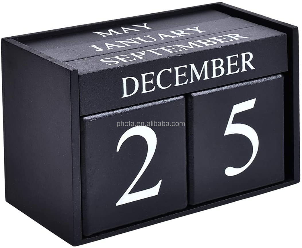Wooden Desk Blocks Calendar - Perpetual Block Month Date Display Home Office Decoration 6.1 x 3.9 x 2.9 inches