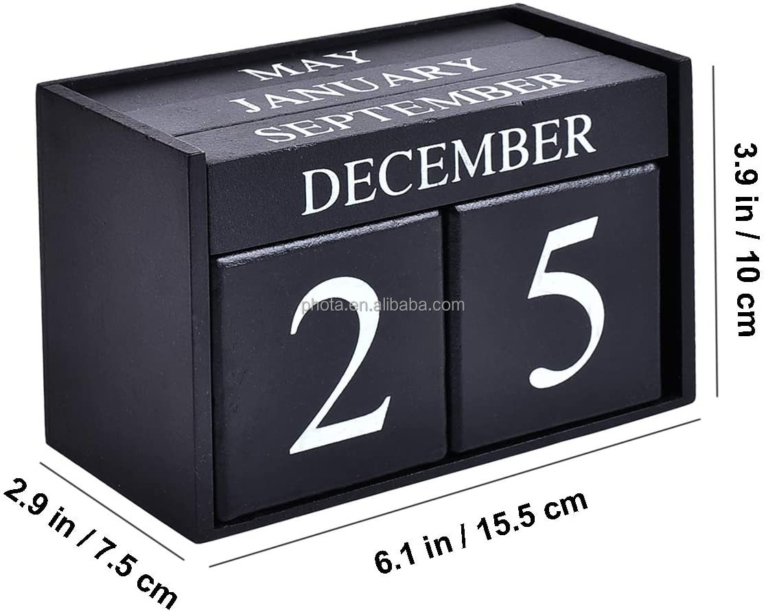 Wooden Desk Blocks Calendar - Perpetual Block Month Date Display Home Office Decoration 6.1 x 3.9 x 2.9 inches