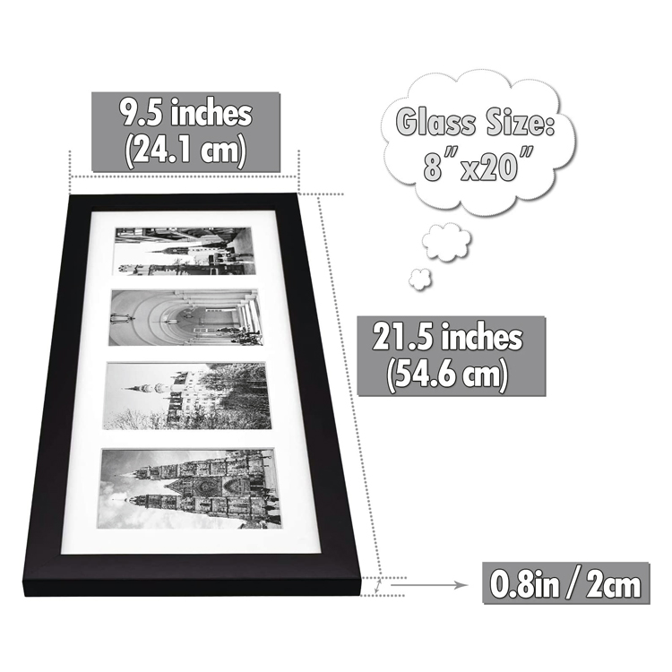8x20 Black Photo Wood Collage Frame with Real Glass and White Mat displays