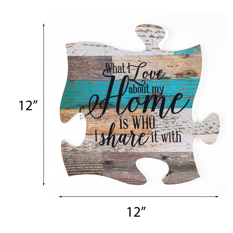 What I Love About Home is Who I Share it with Multicolor 12 x 12 Wood Wall Art Puzzle Piece