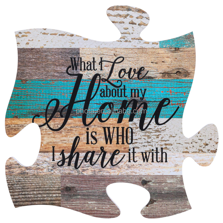What I Love About Home is Who I Share it with Multicolor 12 x 12 Wood Wall Art Puzzle Piece