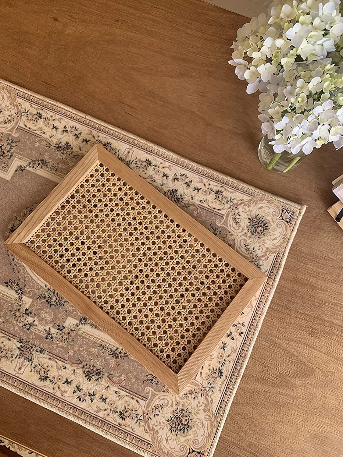 Rectangular Decorative Tray with Rattan Mesh and Solid Wood Frame
