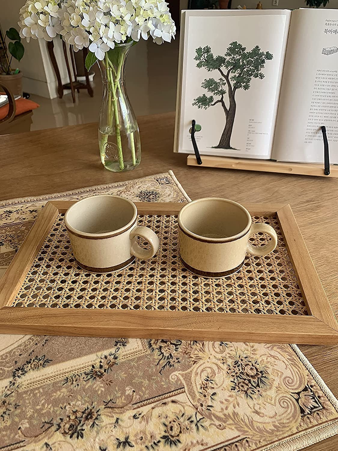 Rectangular Decorative Tray with Rattan Mesh and Solid Wood Frame