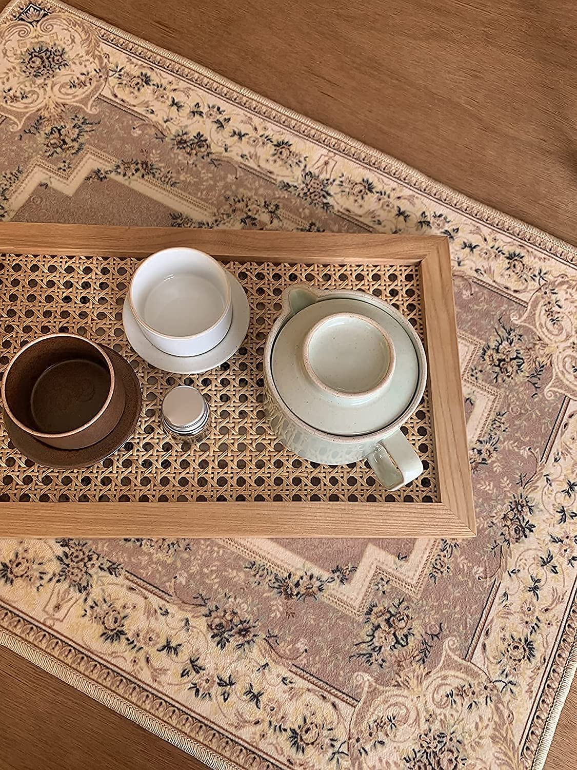 Rectangular Decorative Tray with Rattan Mesh and Solid Wood Frame