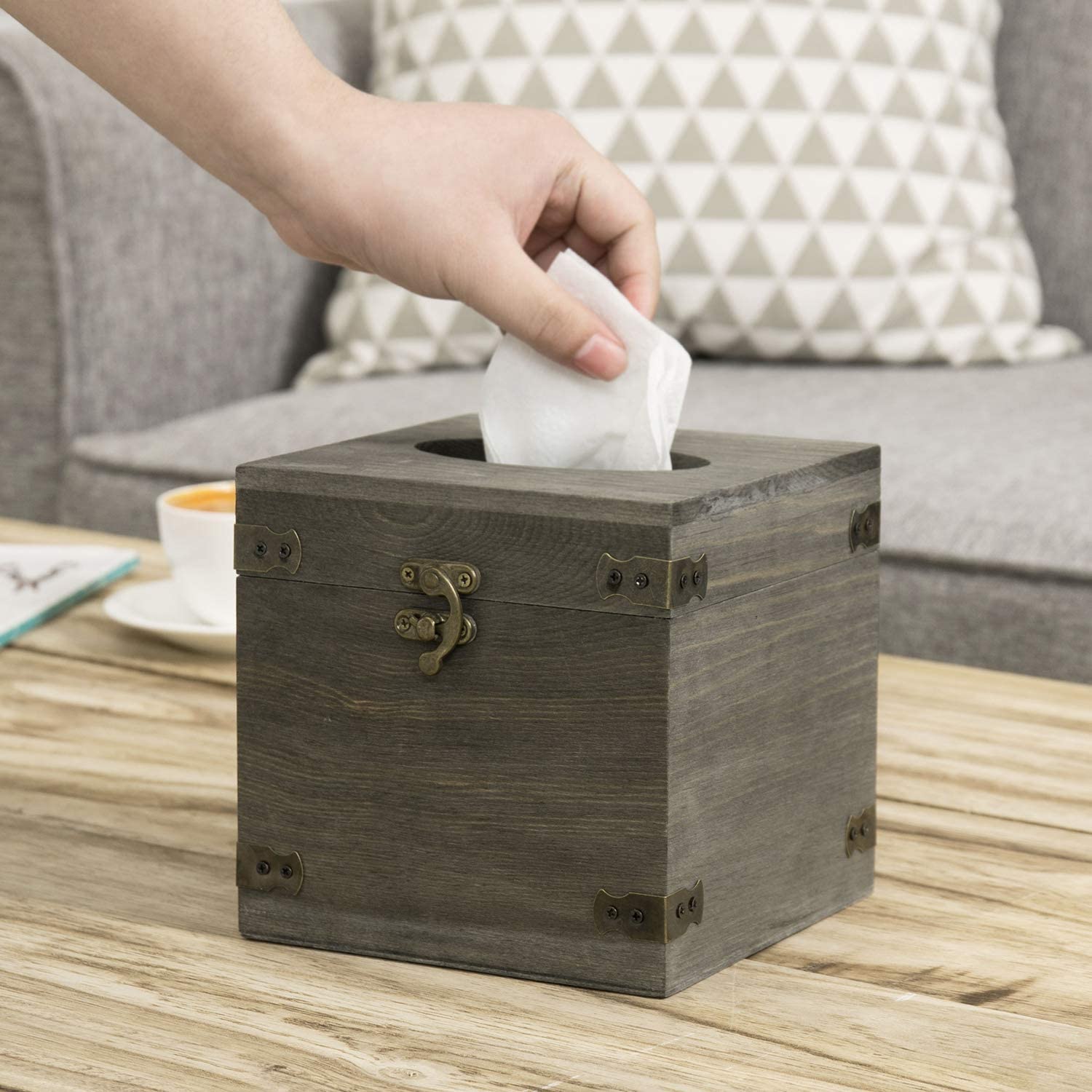 Vintage Gray Wood Square Facial Tissue Box Holder Cover