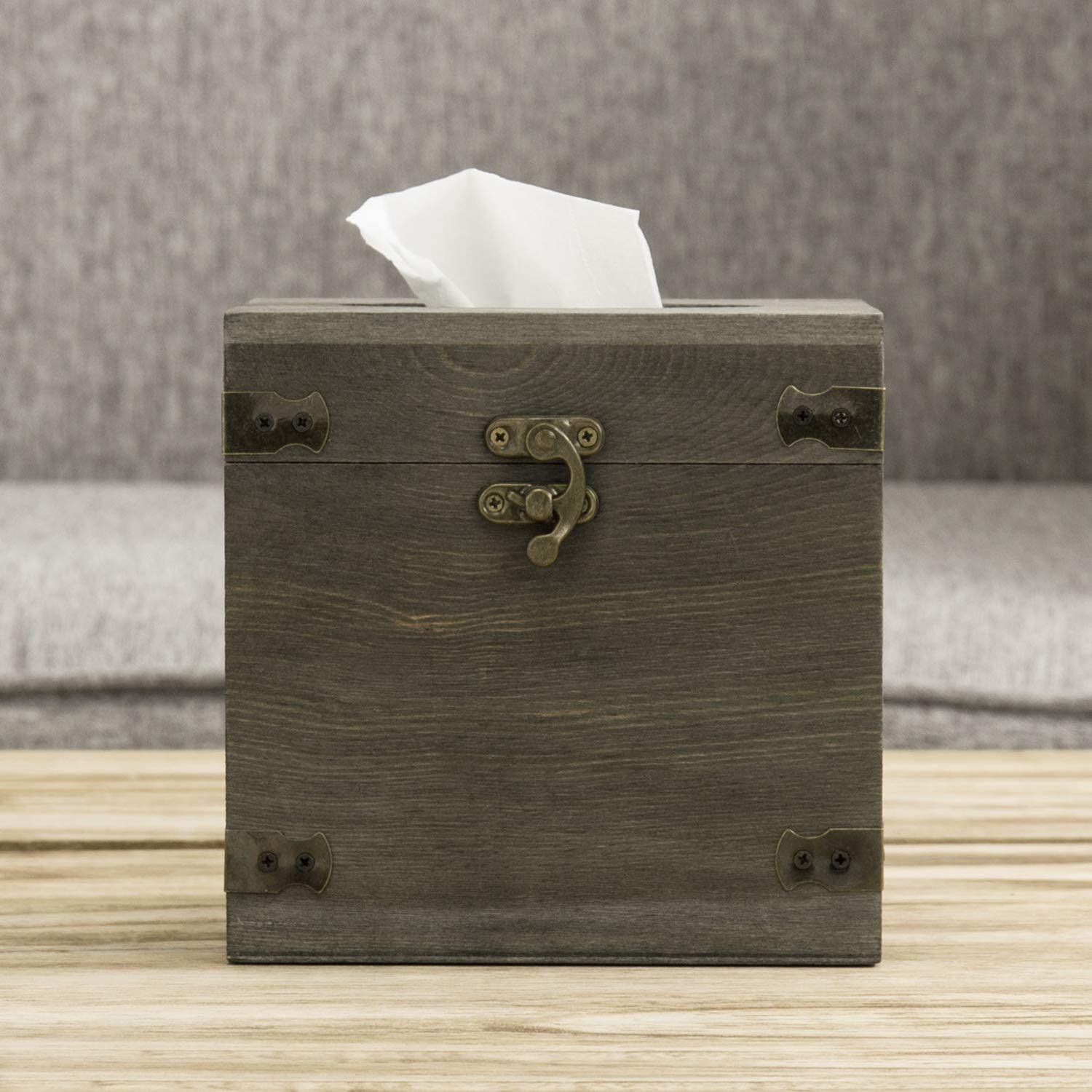 Vintage Gray Wood Square Facial Tissue Box Holder Cover