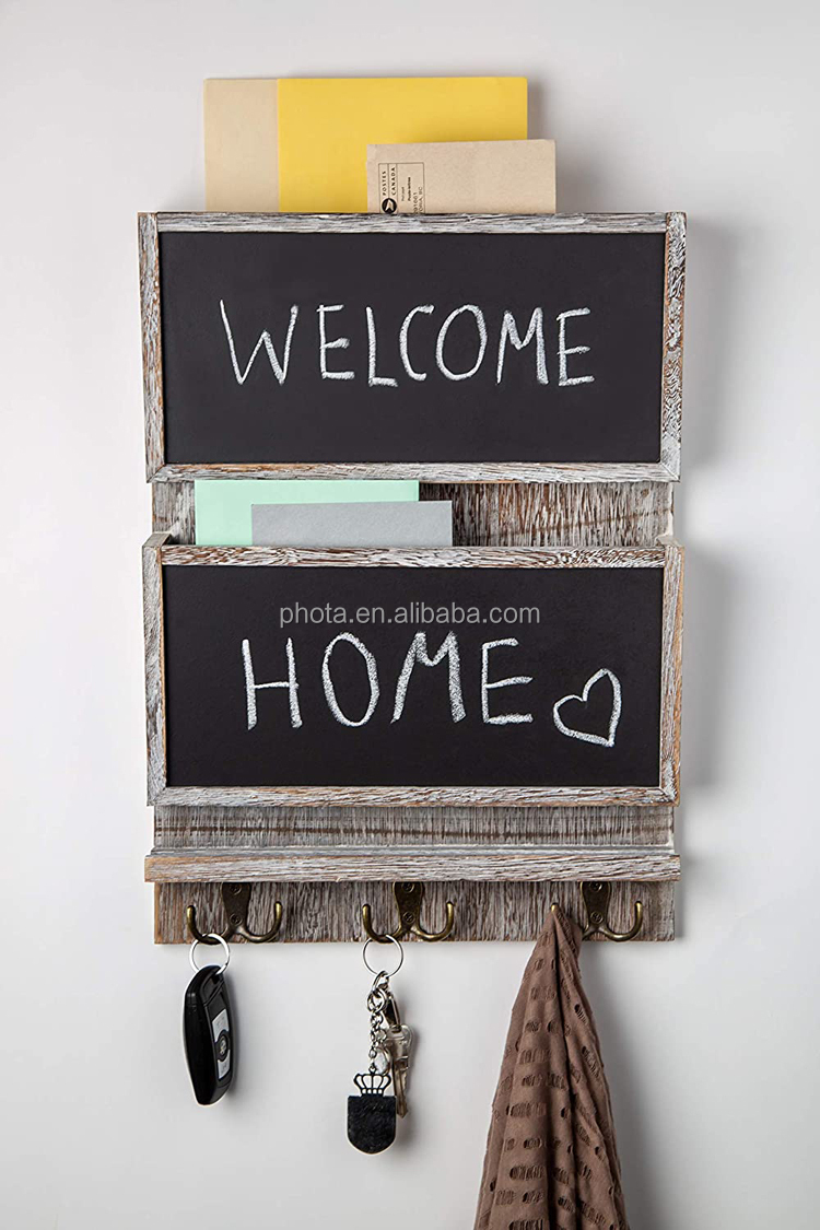 Rustic 2-Slot Mail Sorter Organizer for Wall with Chalkboard Surface & 3 Double Key Hooks