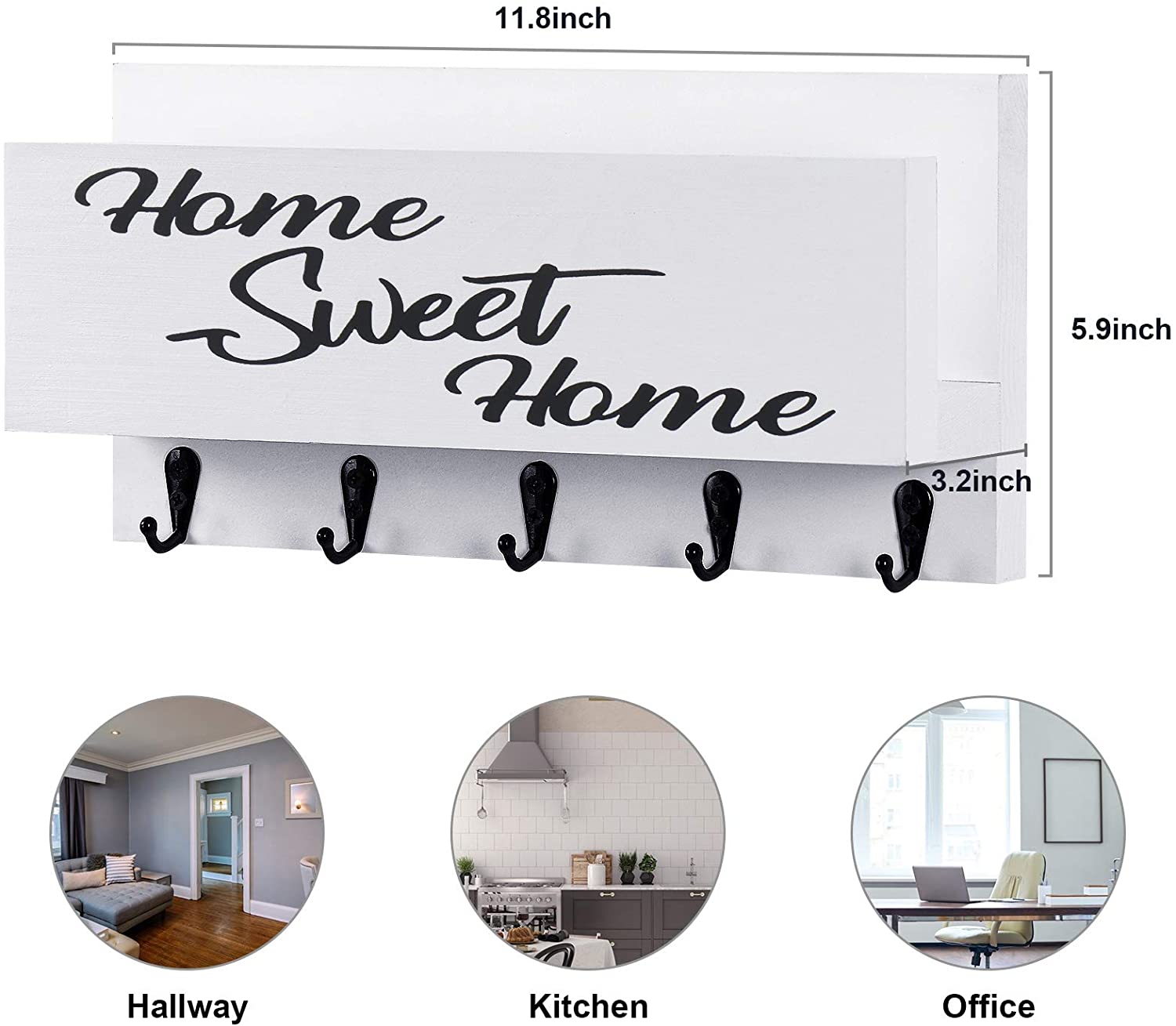 Wooden Key and Mail Holder for Wall Decorative, Rustic Wall Mounted Entryway Organizer with 5 Key Hooks