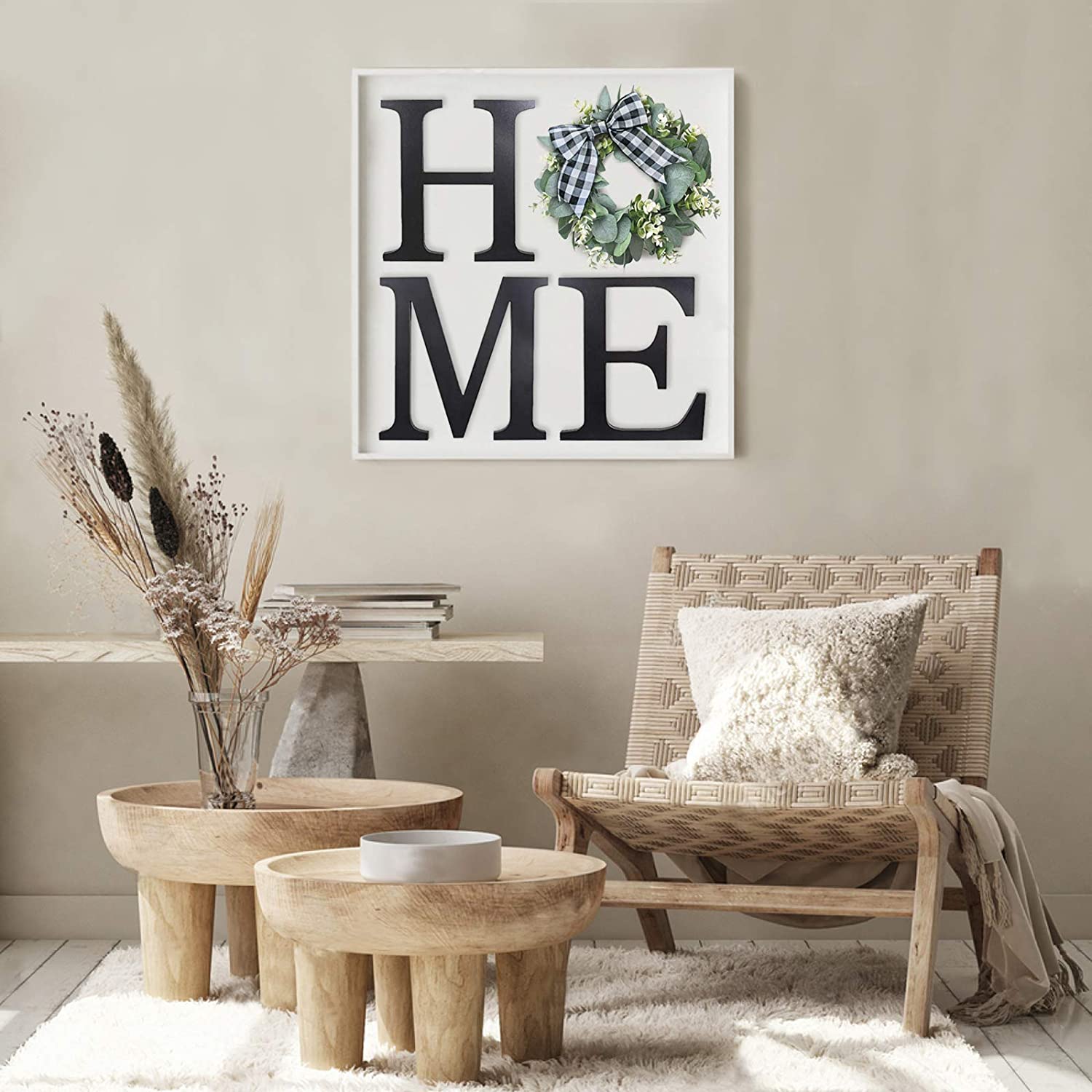 Home Sign Wall Hanging Decor, Farmhouse Wood Letters with Artificial Eucalyptus Wreath