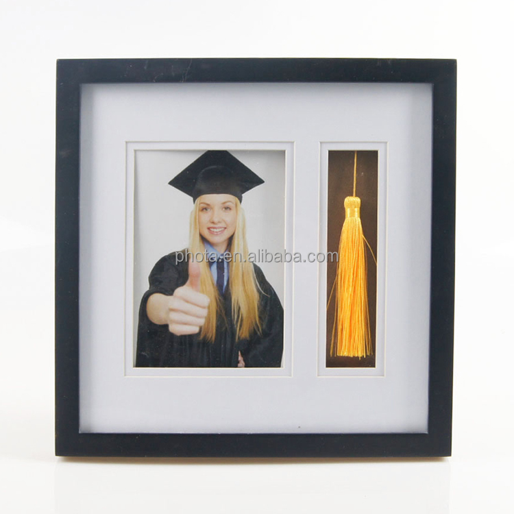 Phota custom wooden graduation photo frames 10x10 black for 5x7 photos with tassel insert and double white mat