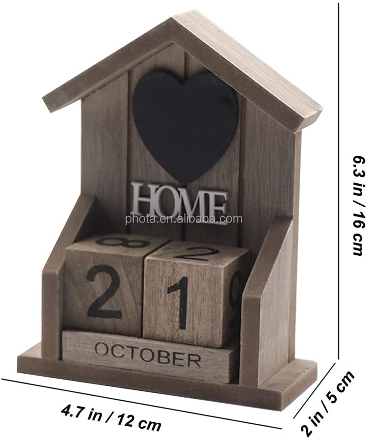 Calendar in the shape of small house - Wooden Desk Blocks Calendar Display Home Office Decoration