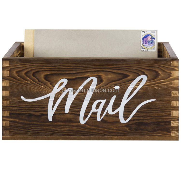 Rustic Dark Brown Wood Tabletop Decorative Mail Holder Storage Box with Letter Word Script Design