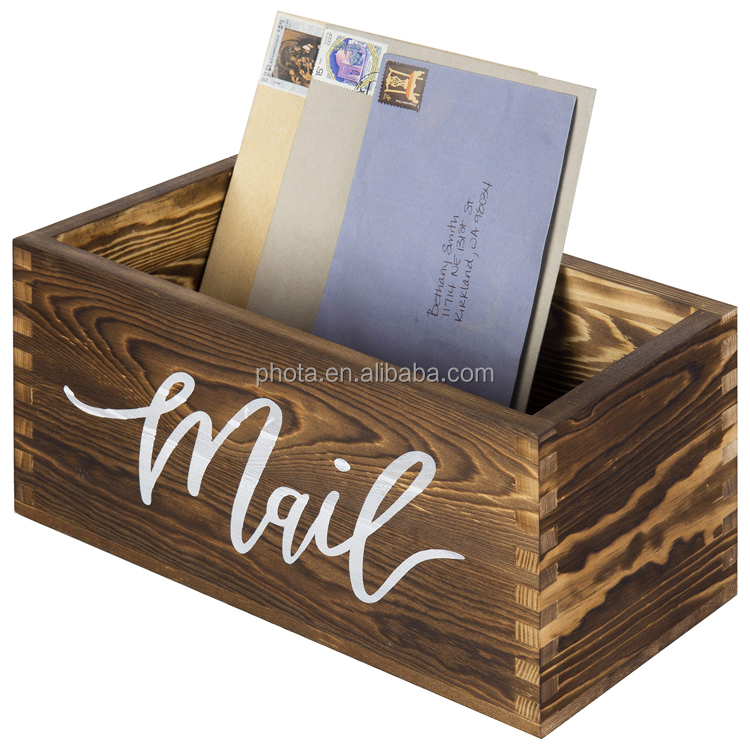 Rustic Dark Brown Wood Tabletop Decorative Mail Holder Storage Box with Letter Word Script Design