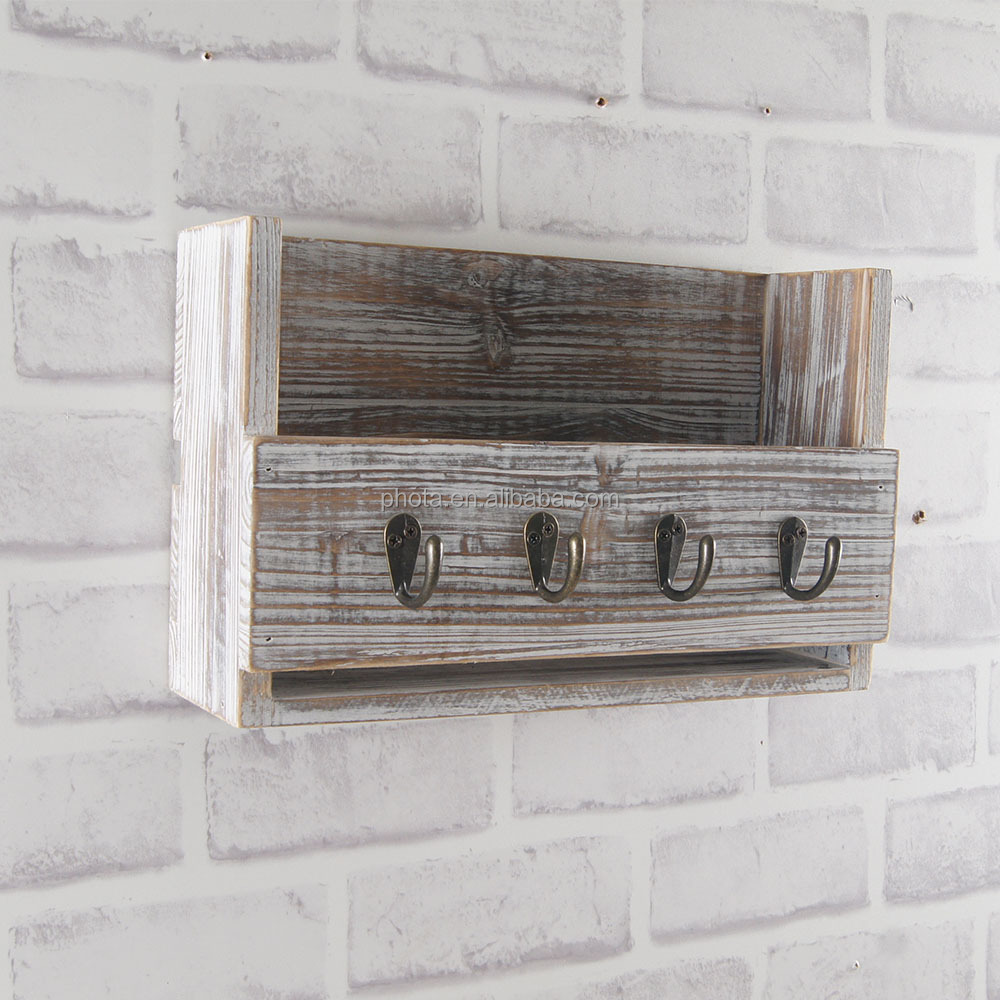 PHOTA Rustic Wall Mounted Mail Holder Wooden Mail Sorter Organizer Shelf with Key Hooks