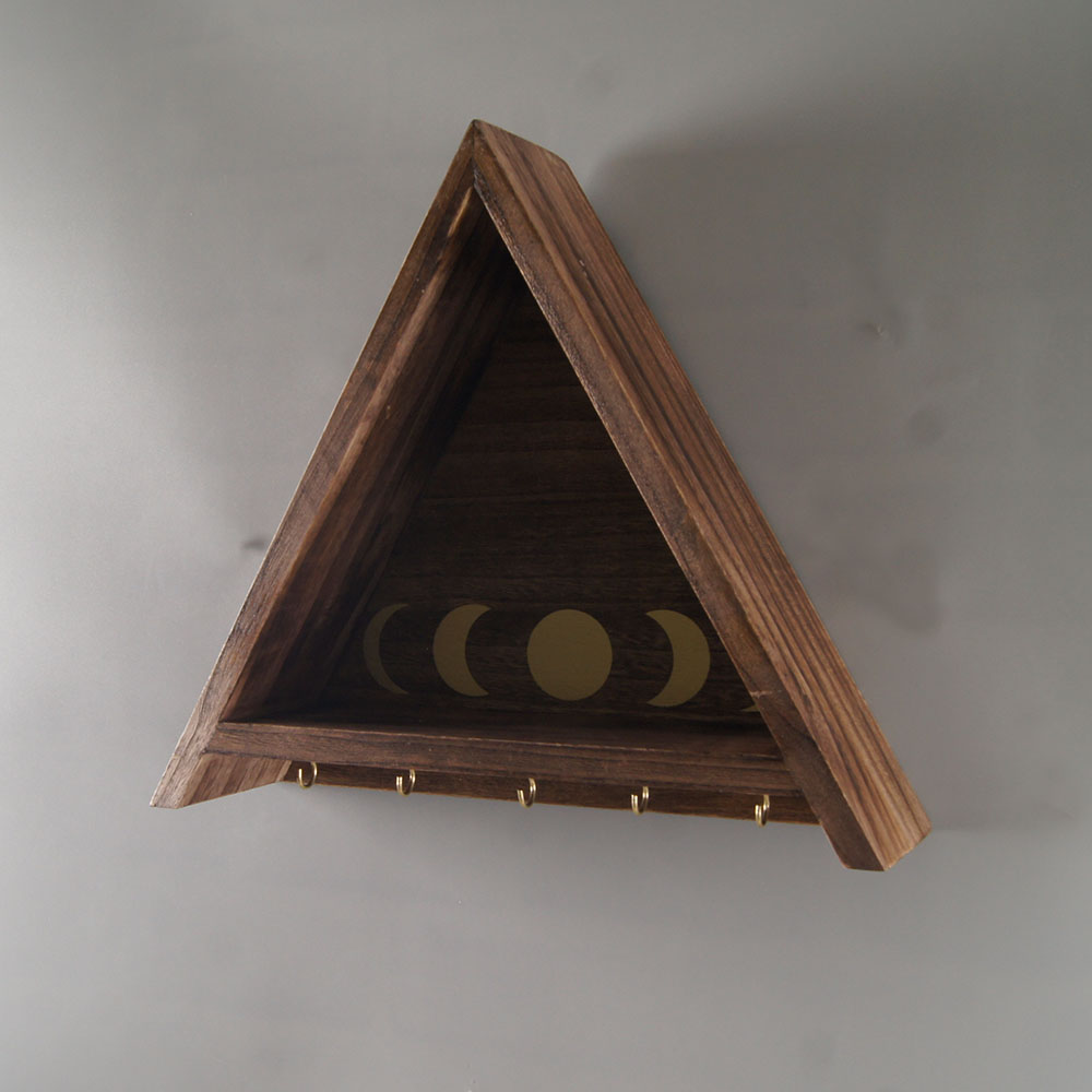 Rustic Wooden Hanging Jewelry Organizer Triangle Shelf with Moon