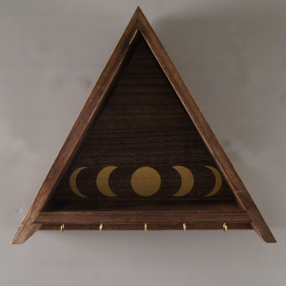 Rustic Wooden Hanging Jewelry Organizer Triangle Shelf with Moon