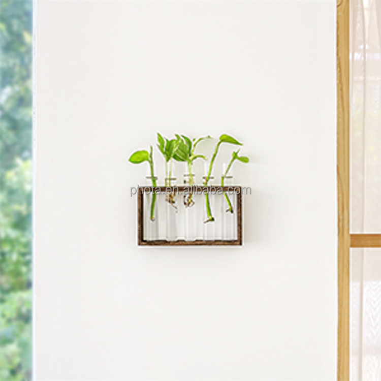 Wall Hanging Glass Planter Plant Terrarium Modern Flower Bud Vase in Wood Stand Rack Tabletop Terrarium for Propagating