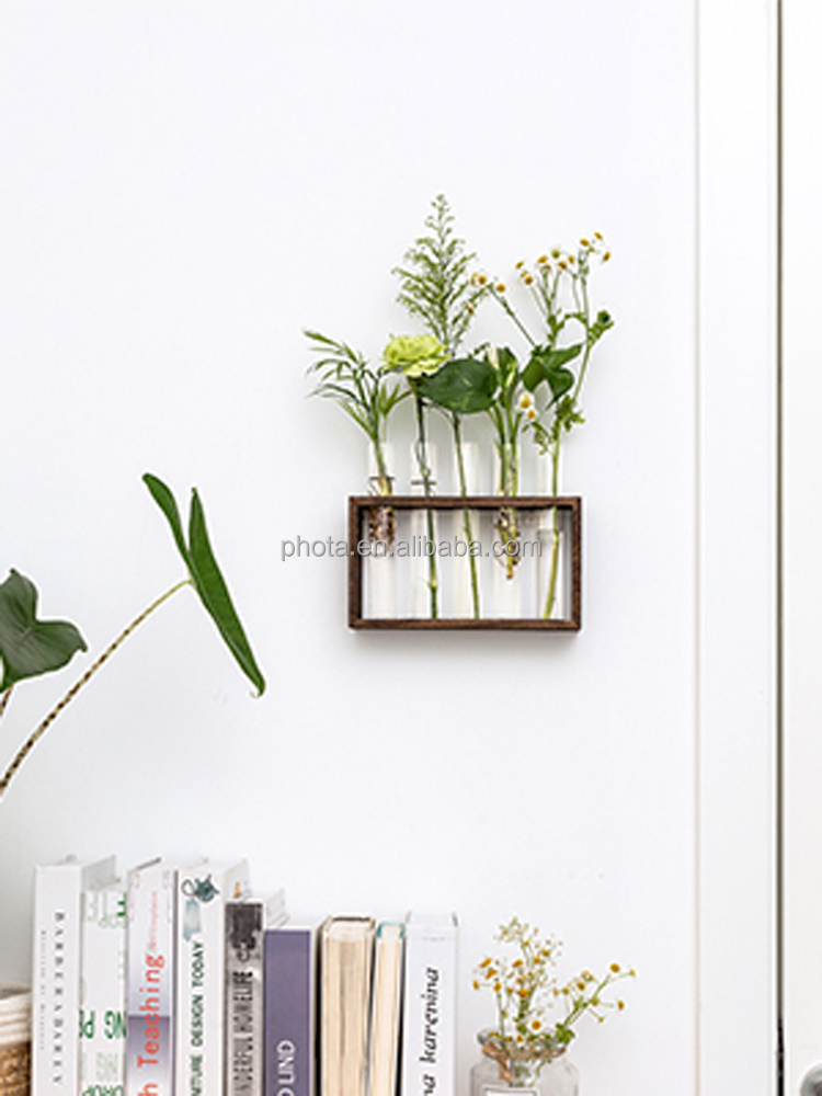 Wall Hanging Glass Planter Plant Terrarium Modern Flower Bud Vase in Wood Stand Rack Tabletop Terrarium for Propagating