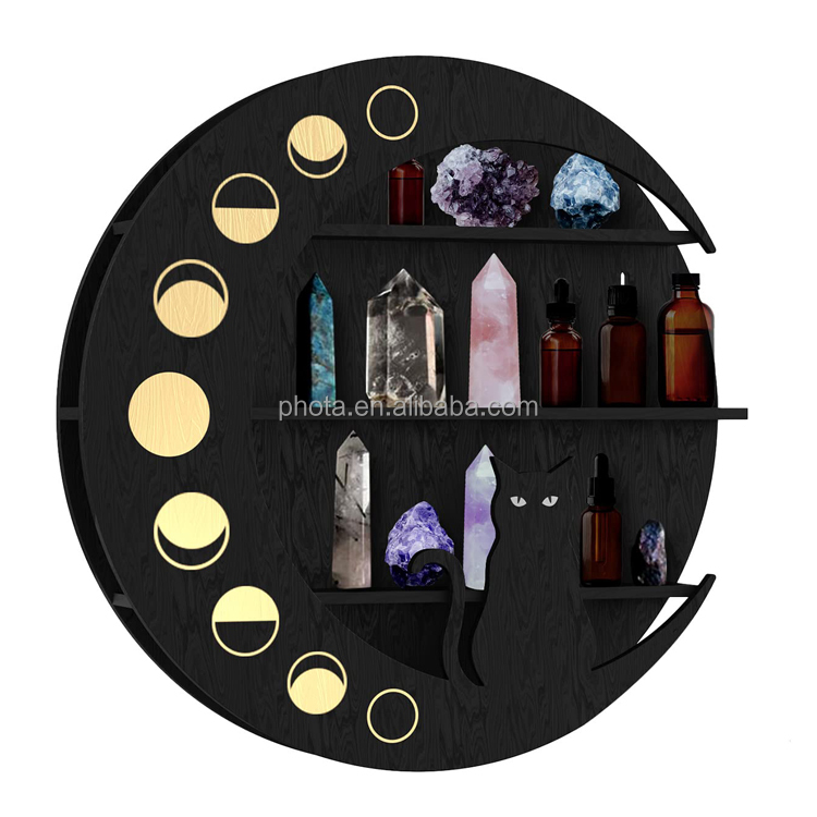 New Product Custom Made Wooden Crystal Shelf Cat Moon Wall Decor Floating Display Rack for Bedroom, Bath, Kitchen