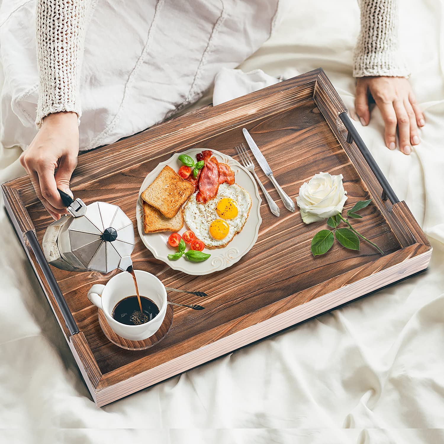 Rustic Serving Trays with Black Metal Handle &4 Round Wooden Coasters