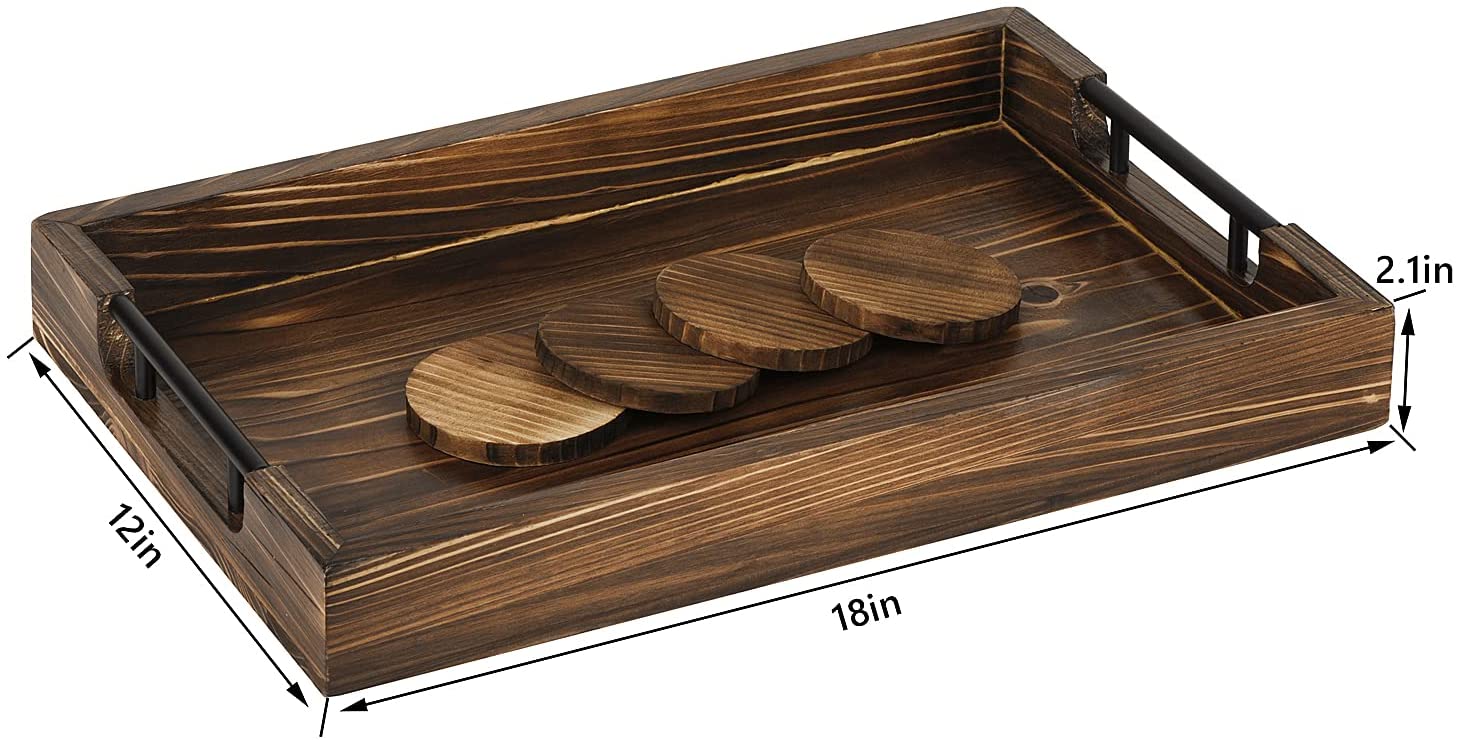 Rustic Serving Trays with Black Metal Handle &4 Round Wooden Coasters