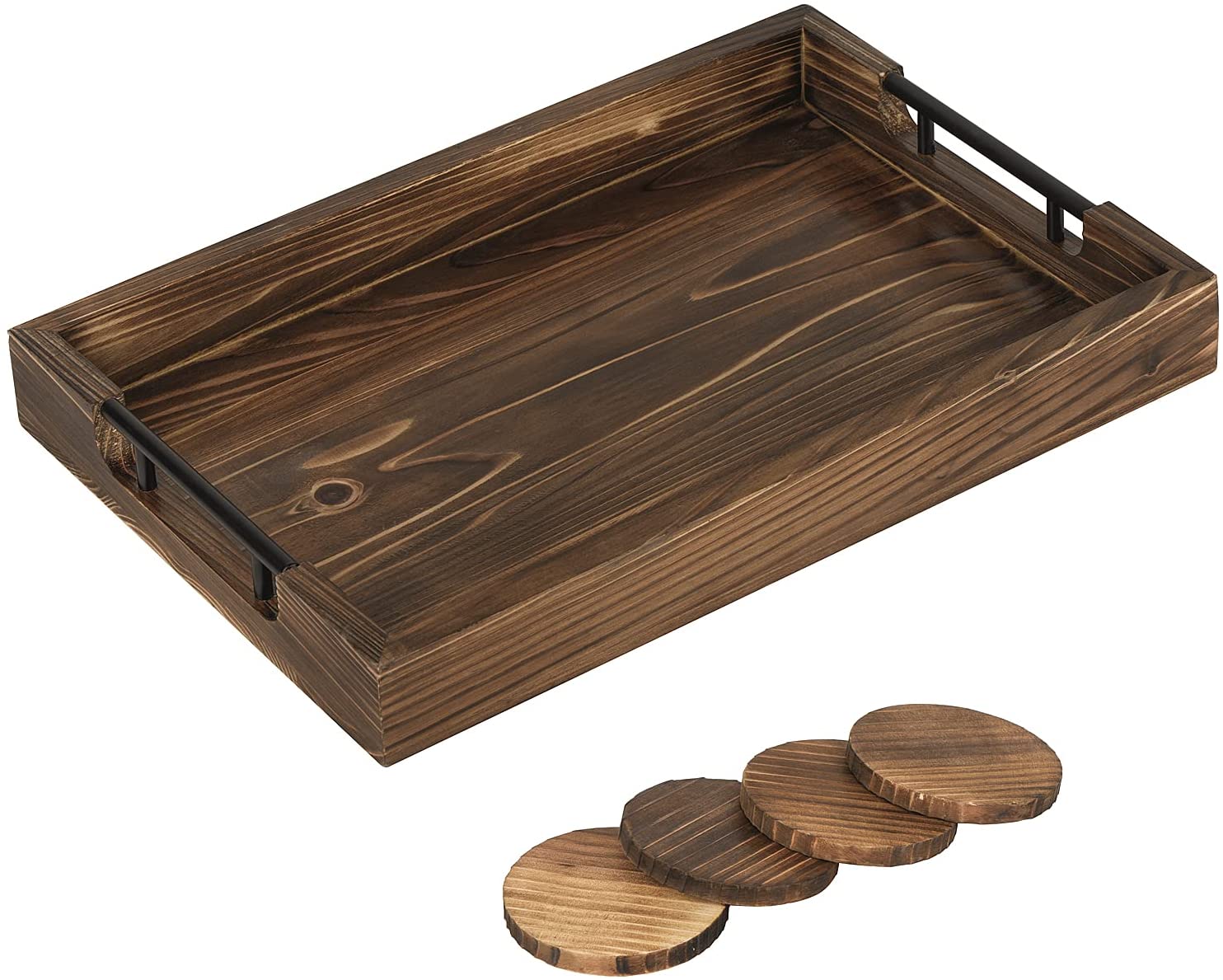 Rustic Serving Trays with Black Metal Handle &4 Round Wooden Coasters