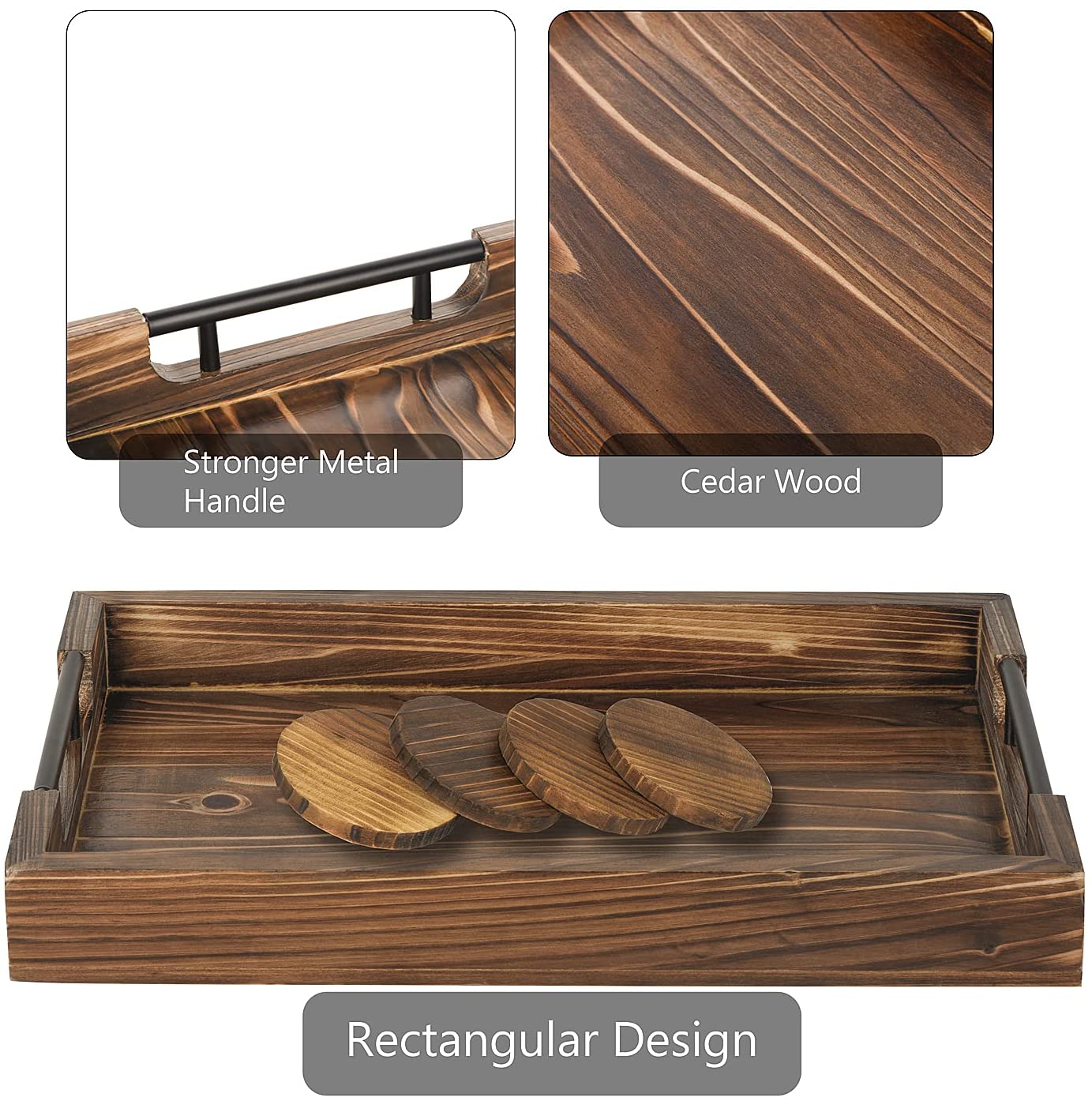 Rustic Serving Trays with Black Metal Handle &4 Round Wooden Coasters